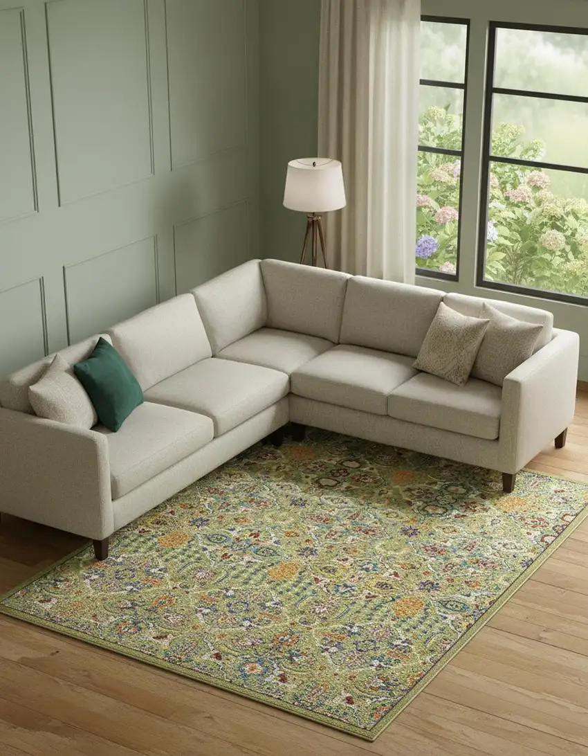 Green Floral Power Loom Area Rug Photo 1
