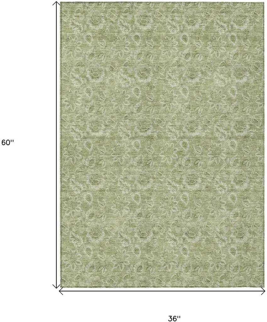 Green Floral Washable Indoor Outdoor Area Rug Photo 3