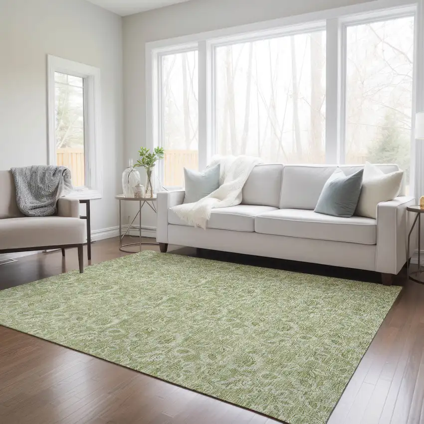 Green Floral Washable Indoor Outdoor Area Rug Photo 9