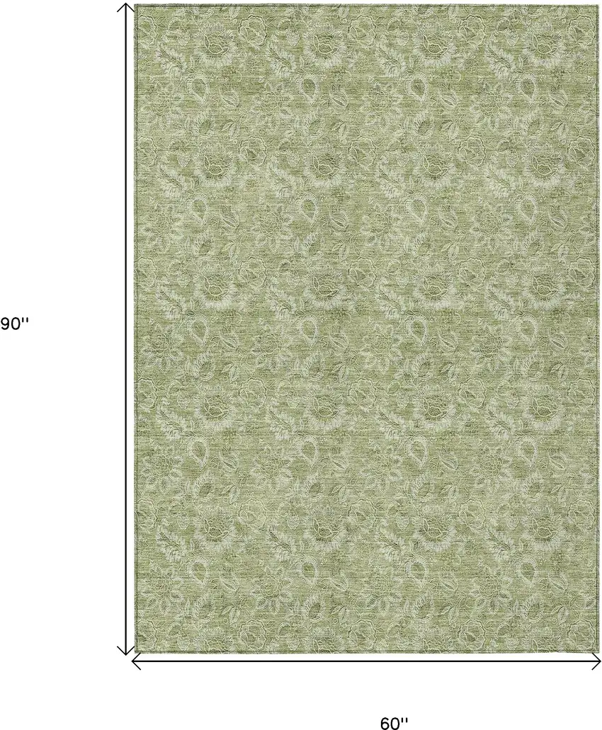 Green Floral Washable Indoor Outdoor Area Rug Photo 3