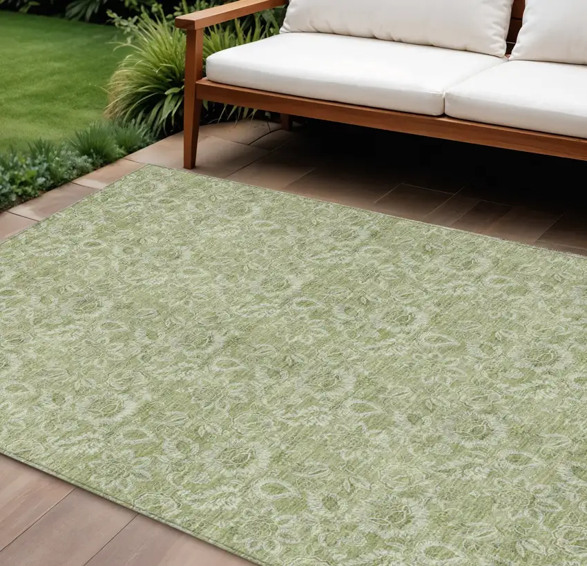 Green Floral Washable Indoor Outdoor Area Rug Photo 1