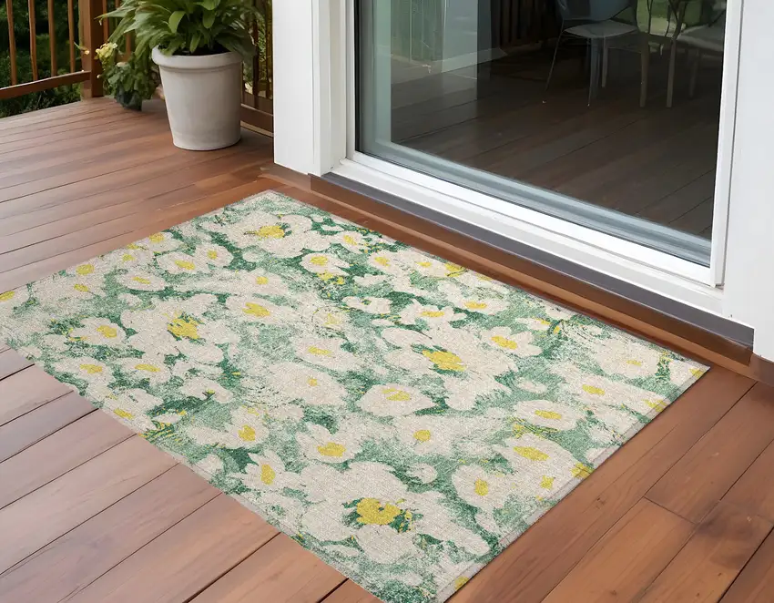 Green Floral Washable Non Skid Indoor Outdoor Area Rug Photo 1