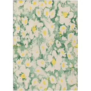 Photo of Green Floral Washable Non Skid Indoor Outdoor Area Rug