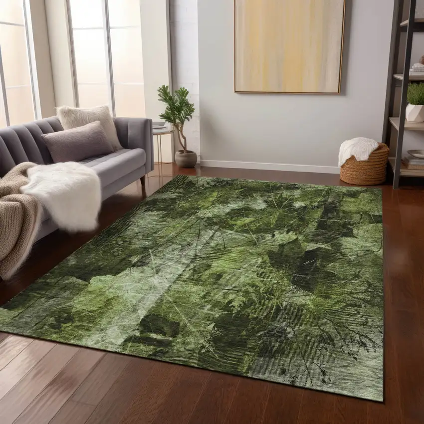 Green Floral Washable Non Skid Indoor Outdoor Area Rug Photo 9
