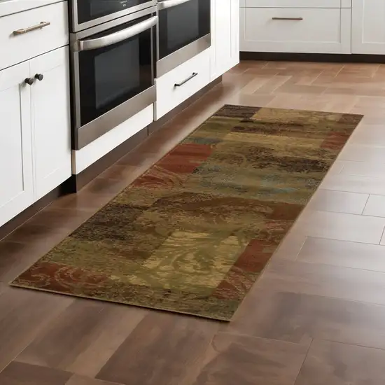 2' X 8' Green Geometric Power Loom Stain Resistant Runner Rug Photo 1