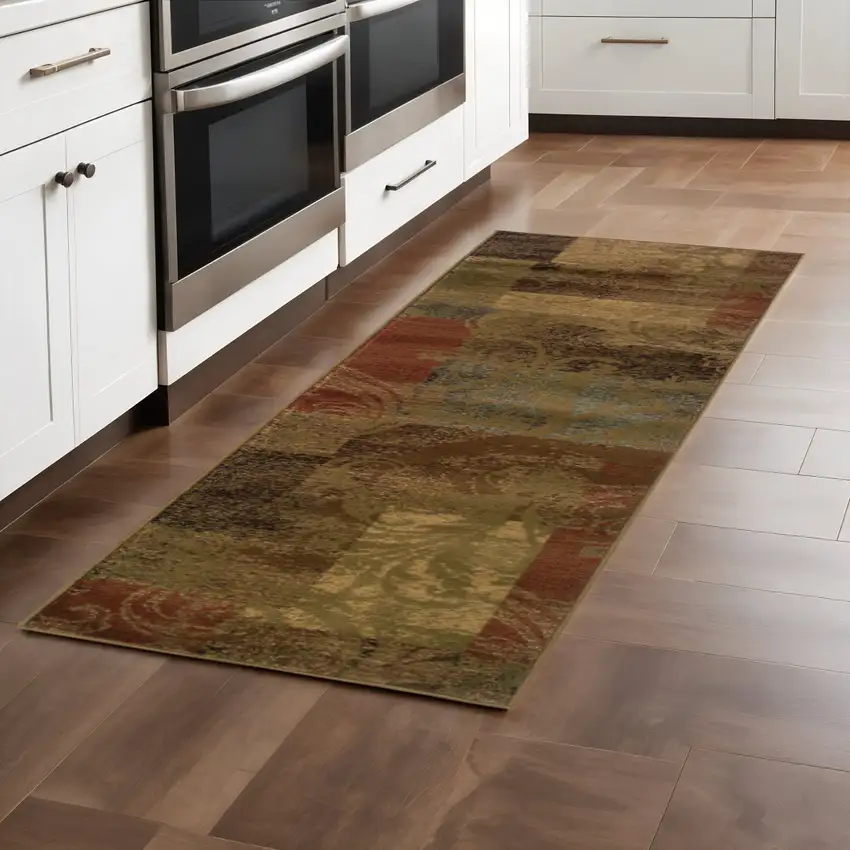 2' X 8' Green Geometric Power Loom Stain Resistant Runner Rug Photo 1