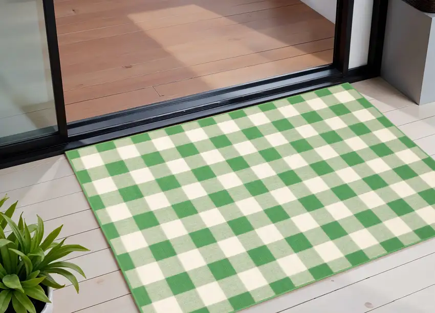 Green and Ivory Geometric Stain Resistant Indoor Outdoor Area Rug Photo 1