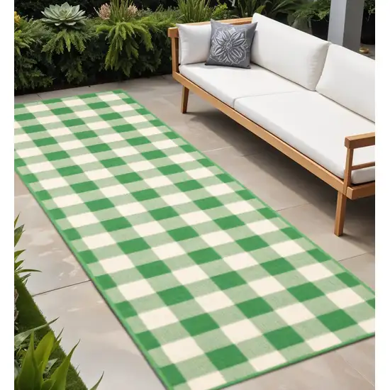 Green and Ivory Geometric Stain Resistant Indoor Outdoor Area Rug Photo 1