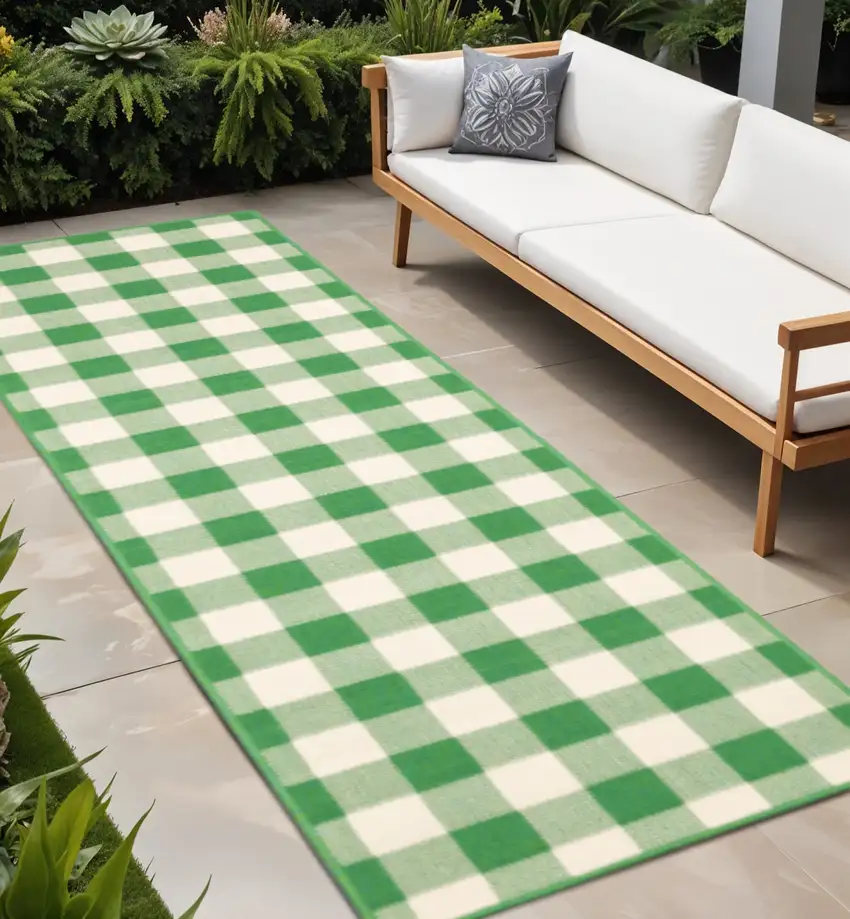 Green and Ivory Geometric Stain Resistant Indoor Outdoor Area Rug Photo 1