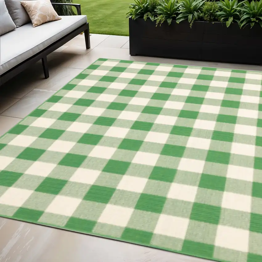 Green and Ivory Geometric Stain Resistant Indoor Outdoor Area Rug Photo 1