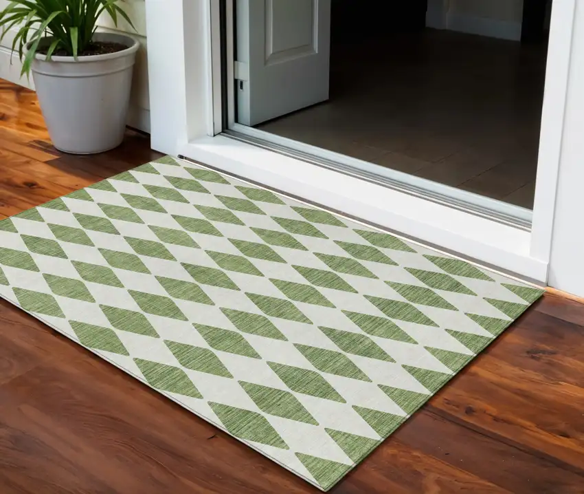 Green And Ivory Geometric Washable Indoor Outdoor Area Rug Photo 1