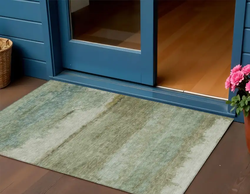 Green Gold And Beige Abstract Washable Indoor Outdoor Area Rug Photo 2