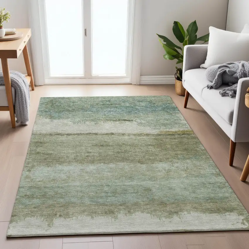 Green Gold And Beige Abstract Washable Indoor Outdoor Area Rug Photo 6