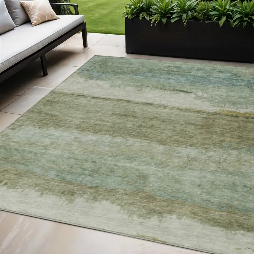 Green Gold And Beige Abstract Washable Indoor Outdoor Area Rug Photo 2