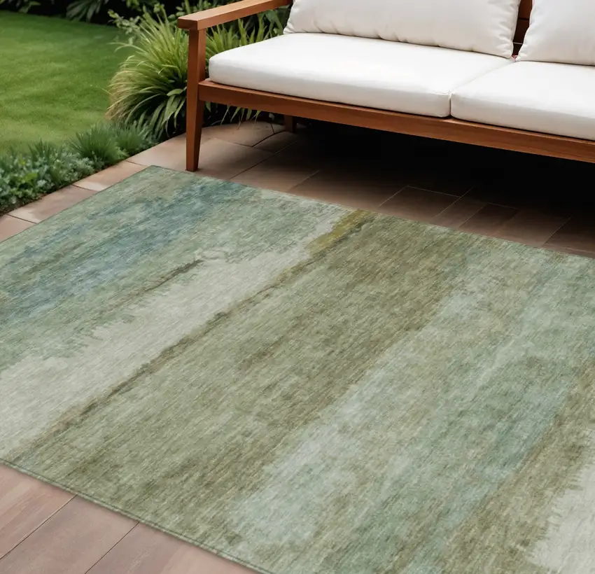 Green Gold And Beige Abstract Washable Indoor Outdoor Area Rug Photo 2