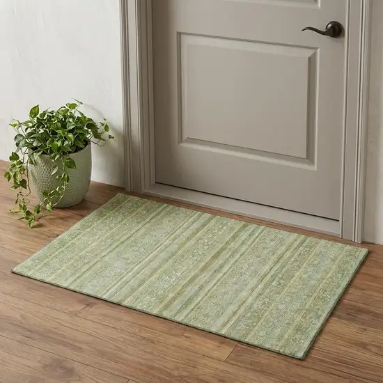 Green Gold And Beige Striped Washable Area Rug With UV Protection Photo 1