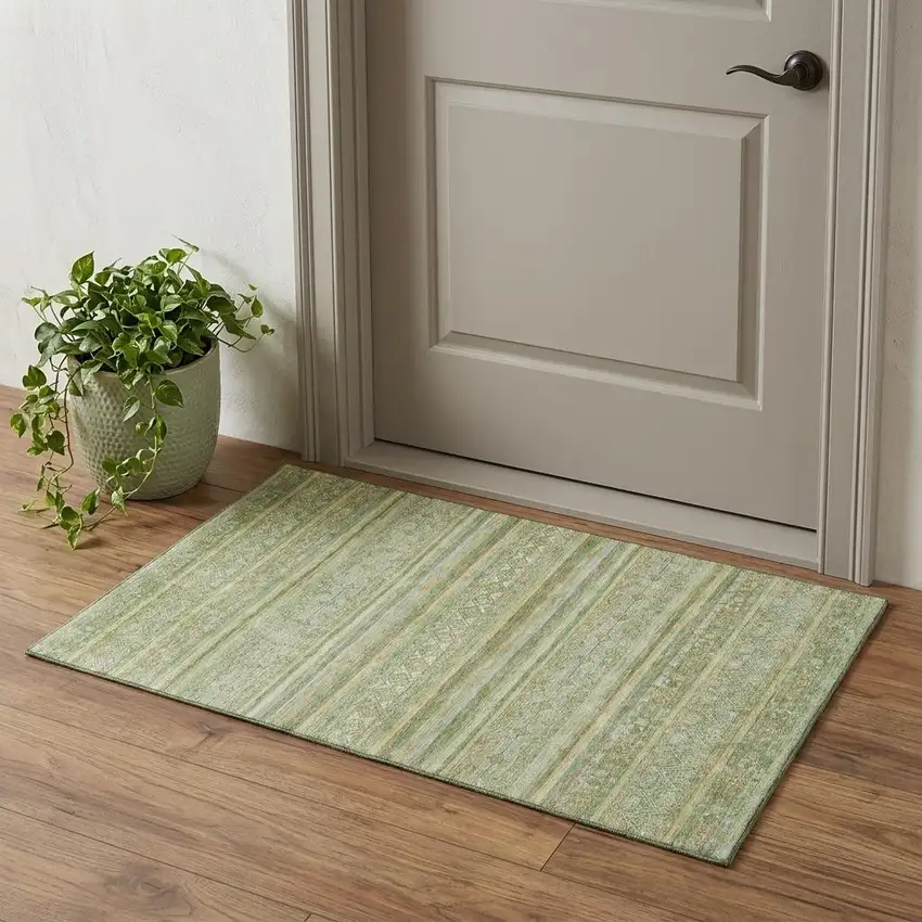 Green Gold And Beige Striped Washable Area Rug With UV Protection Photo 1