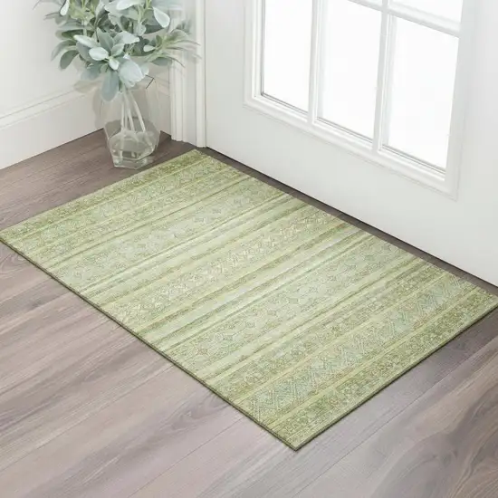 Green Gold And Beige Striped Washable Area Rug With UV Protection Photo 2