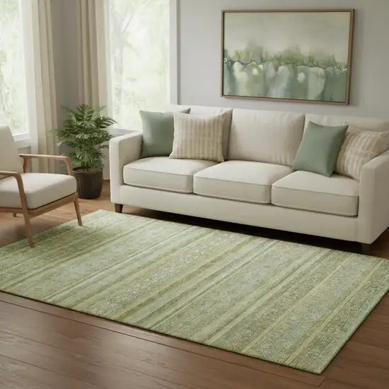 Green Gold And Beige Striped Washable Area Rug With UV Protection Photo 2