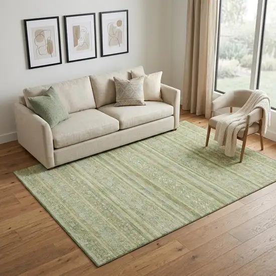 Green Gold And Beige Striped Washable Area Rug With UV Protection Photo 1