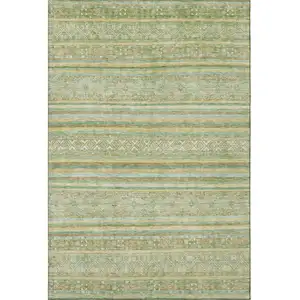 Photo of Green Gold And Beige Striped Washable Area Rug With UV Protection