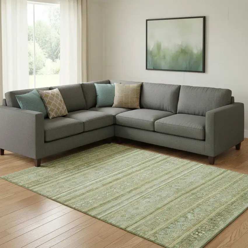 Green Gold And Beige Striped Washable Area Rug With UV Protection Photo 2