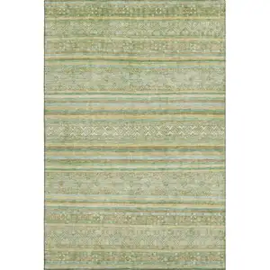 Photo of Green Gold And Beige Striped Washable Area Rug With UV Protection