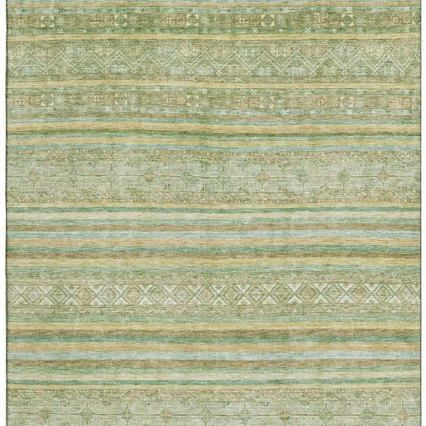 Green Gold And Beige Striped Washable Area Rug With UV Protection Photo 2