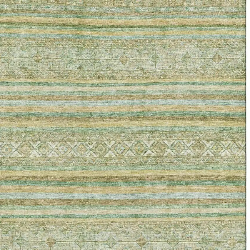 Green Gold And Beige Striped Washable Area Rug With UV Protection Photo 2