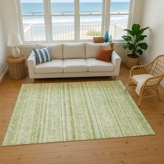 Green Gold And Beige Striped Washable Area Rug With UV Protection Photo 5