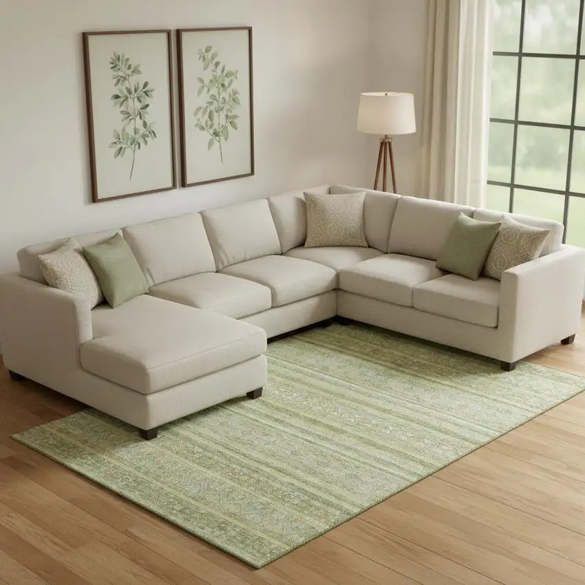 Green Gold And Beige Striped Washable Area Rug With UV Protection Photo 2