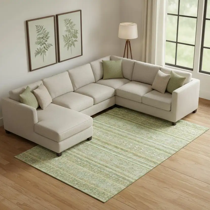 Green Gold And Beige Striped Washable Area Rug With UV Protection Photo 2