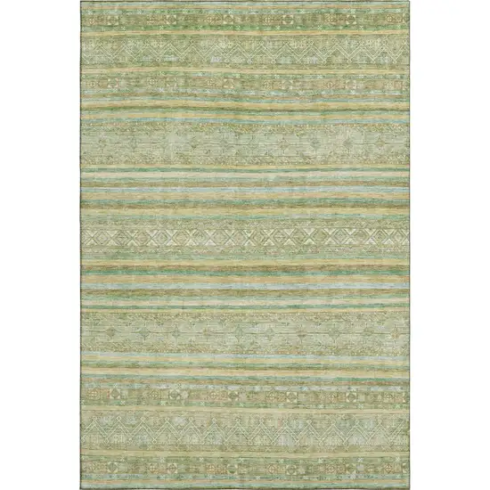 Green Gold And Beige Striped Washable Area Rug With UV Protection Photo 1