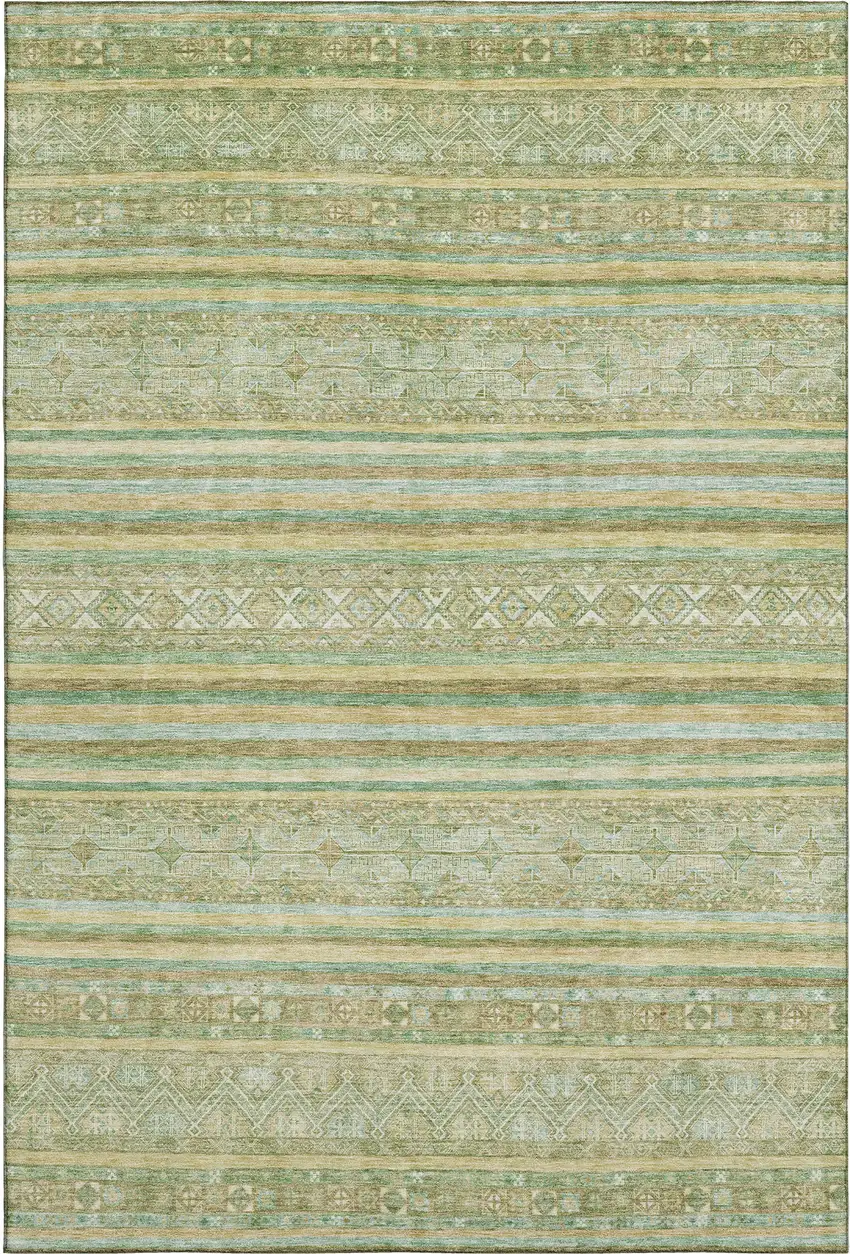 Green Gold And Beige Striped Washable Area Rug With UV Protection Photo 1