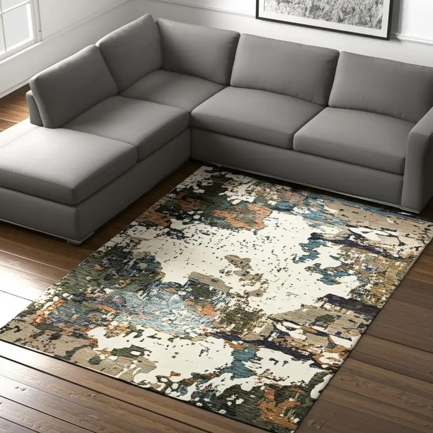 Blue and Ivory Abstract Power Loom Area Rug Photo 1