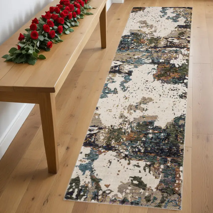 8' Runner Blue and Ivory Abstract Power Loom Runner Rug Photo 1