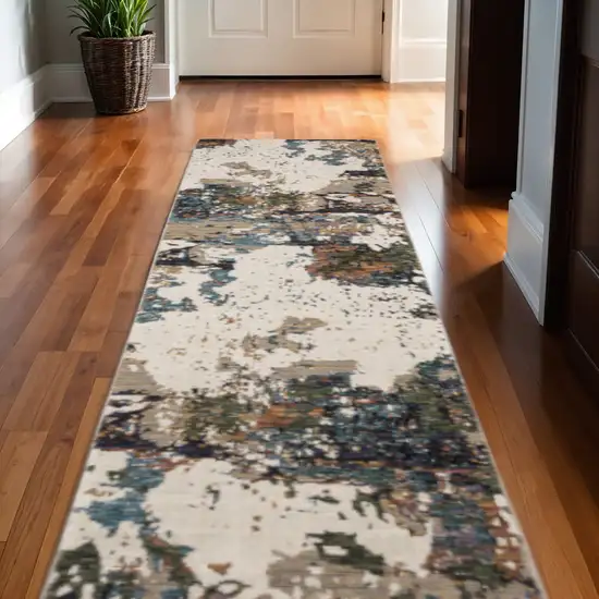 12' Green Gold And Blue Abstract Runner Rug Photo 1