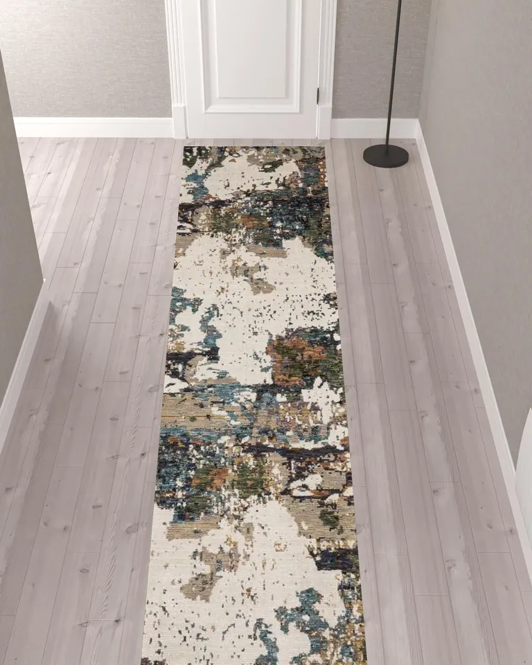 Green Gold And Blue Abstract Power Loom Stain Resistant Runner Rug Photo 2