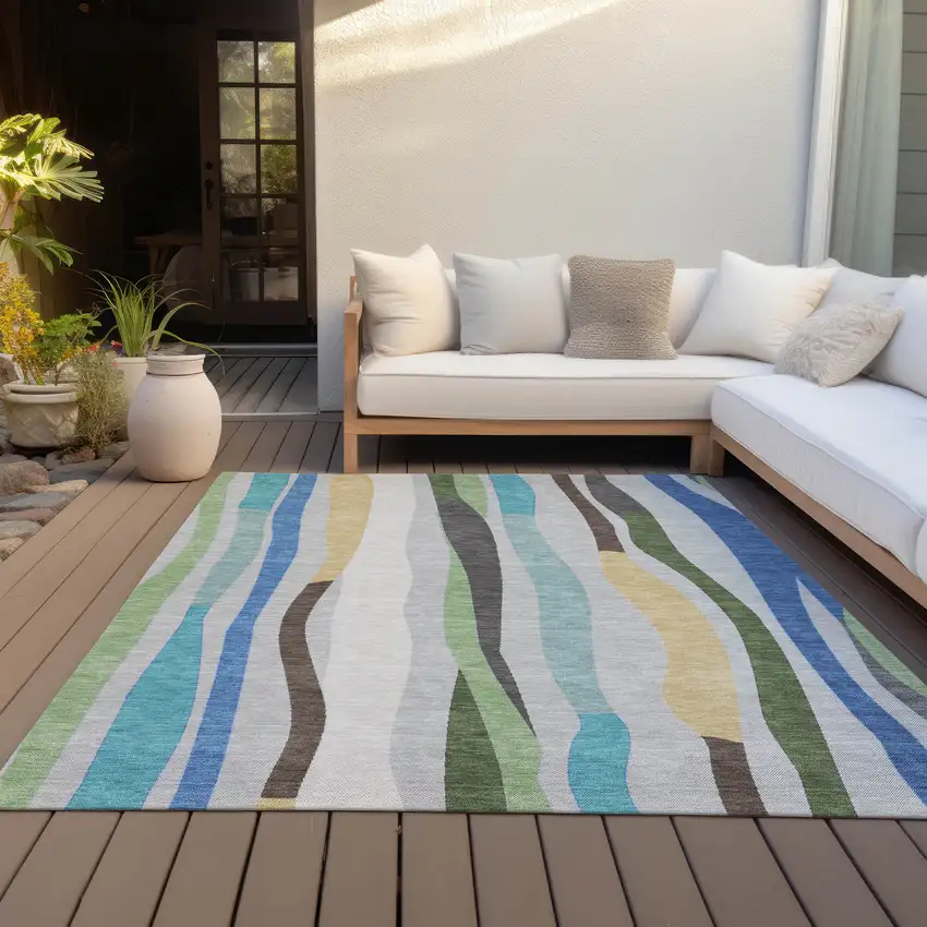 Green Gold And Blue Striped Washable Indoor Outdoor Area Rug Photo 7