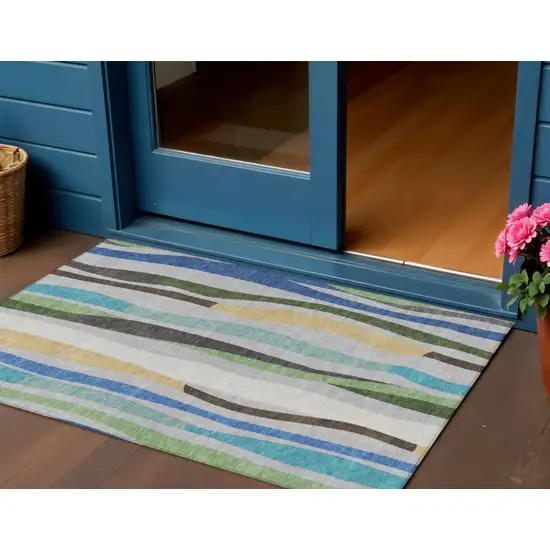Green Gold And Blue Striped Washable Indoor Outdoor Area Rug Photo 2