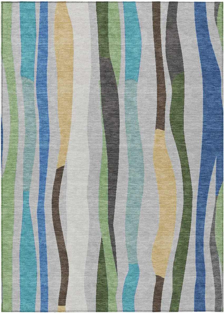 Green Gold And Blue Striped Washable Indoor Outdoor Area Rug Photo 1