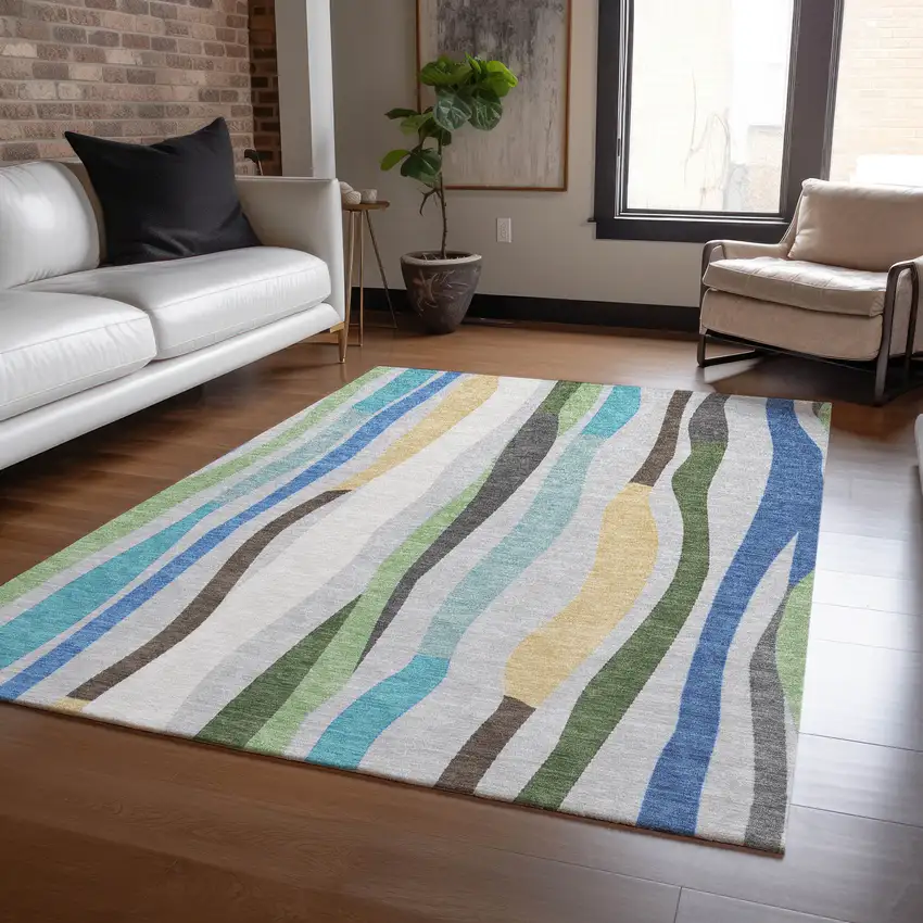 Green Gold And Blue Striped Washable Indoor Outdoor Area Rug Photo 8
