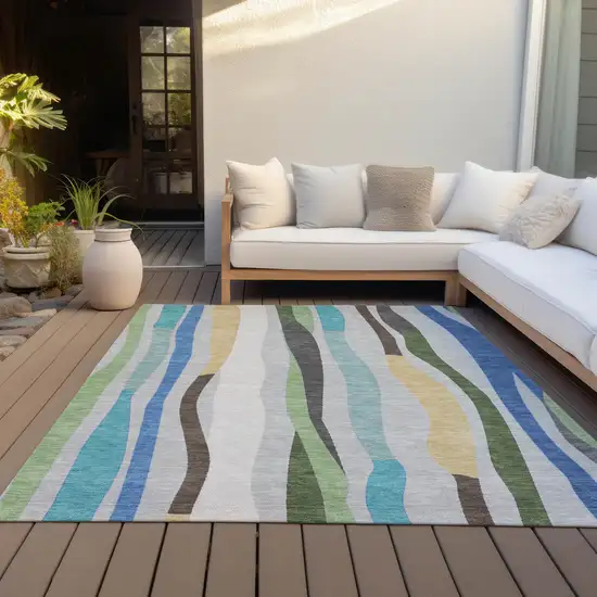Green Gold And Blue Striped Washable Indoor Outdoor Area Rug Photo 7