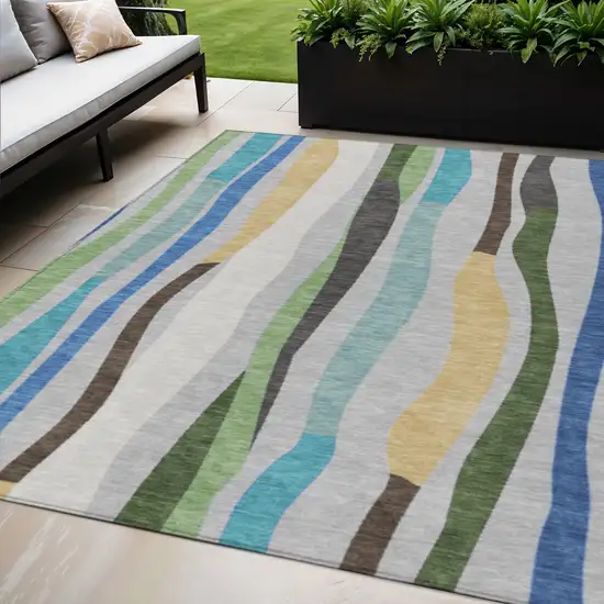 Green Gold And Blue Striped Washable Indoor Outdoor Area Rug Photo 2