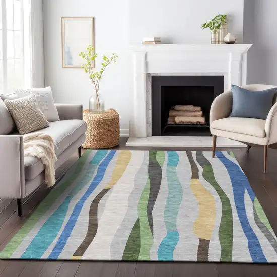 Green Gold And Blue Striped Washable Indoor Outdoor Area Rug Photo 9