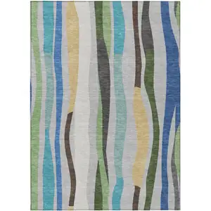 Photo of Green Gold And Blue Striped Washable Indoor Outdoor Area Rug
