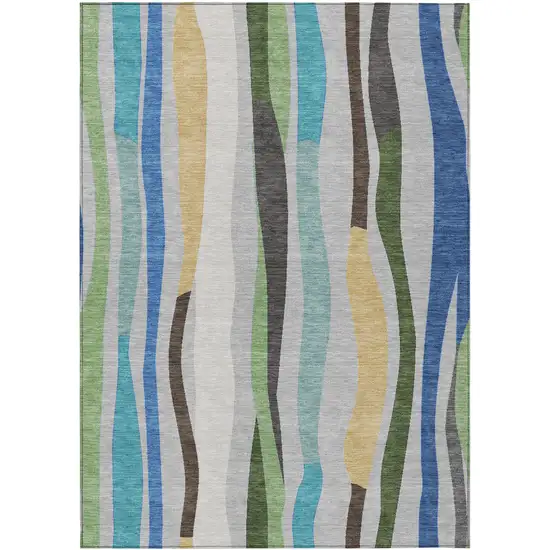 Green Gold And Blue Striped Washable Indoor Outdoor Area Rug Photo 1