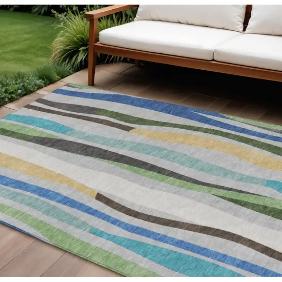 Green Gold And Blue Striped Washable Indoor Outdoor Area Rug Photo 2