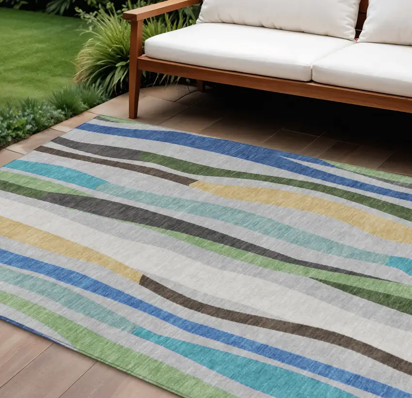 Green Gold And Blue Striped Washable Indoor Outdoor Area Rug Photo 2