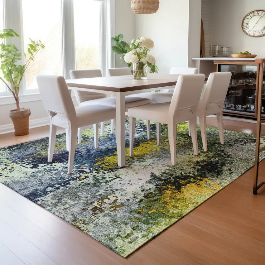 Green Gold And Charcoal Abstract Washable Indoor Outdoor Area Rug Photo 8